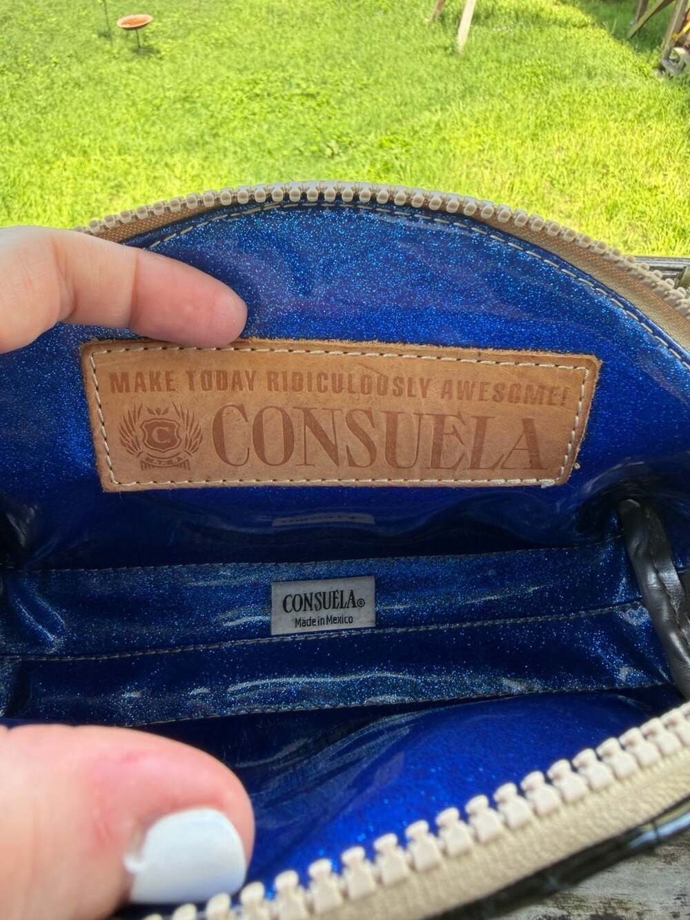 Consuela Black Quilted Patent Large Cosmetic Bag with Blue Glitter Interior - Picture 7 of 7